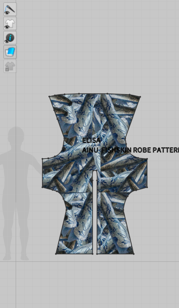 The pattern in CLO 3D of the Ainu robe developed with Elisa Palomino